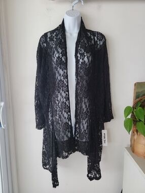 Double Take Asymmetrical Sheer Black Lace Cardigan Size M